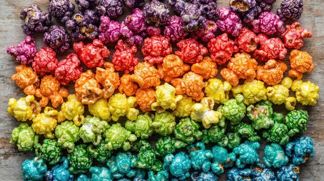 Colorful rainbow popcorn display in vibrant arrangement on wooden surface