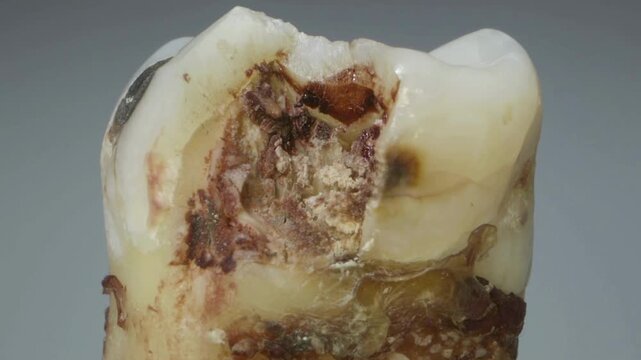 Fractured molar tooth that has been extract from a human adult male showing decay and severe damage of tooth pulp enamel buckle and crown probe lens macro closeup.