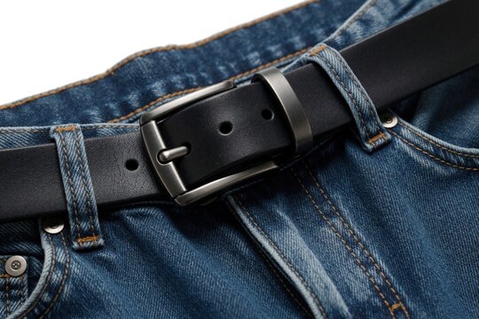 Black leather belt fastened on blue denim jeans pants. Male waist accessory features dark matted metal buckle detail. Closeup view shows classic casual style clothing item for men fashion retail