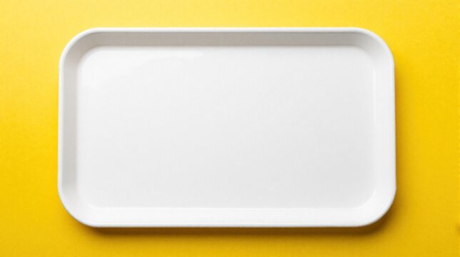 Top view of empty white rectangular plastic tray with rounded corners. Minimalist food service container sits on flat vivid yellow background. Clean modern dish for fast food dining catering