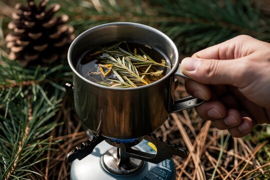 Man holds metal mug with herbal tea made from pine needles. Uses portable gas stove for outdoor cooking. Relaxing hiking activity happens in forest setting during summer trip. Warm drink provides