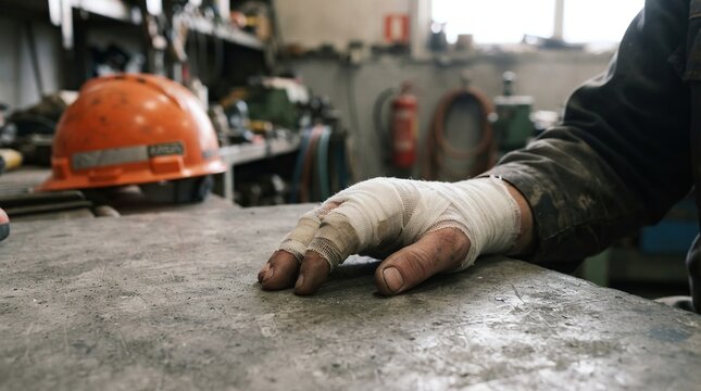 Close up of a bandaged hand resting on a workbench in a workshop environment