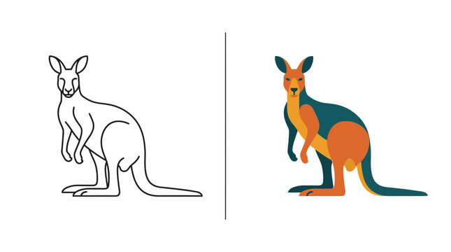 Sitting kangaroo line art and geometric color illustration.