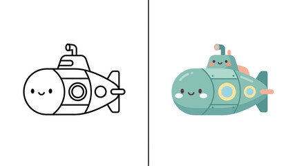 Obraz premium Smiling submarine exploring deep sea underwater illustration.