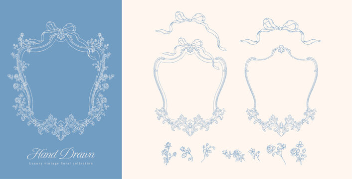 Vintage Engraving Floral Frame Set, Luxury Hand Drawn Ribbon Border and Rose Vector Elements Collection for Wedding Invitation and Logo Design