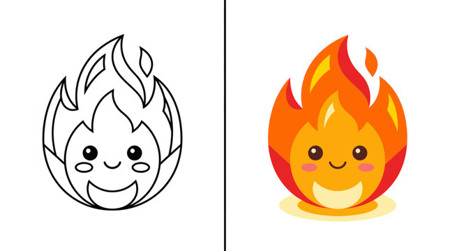 Smiling fire flame character coloring page set.