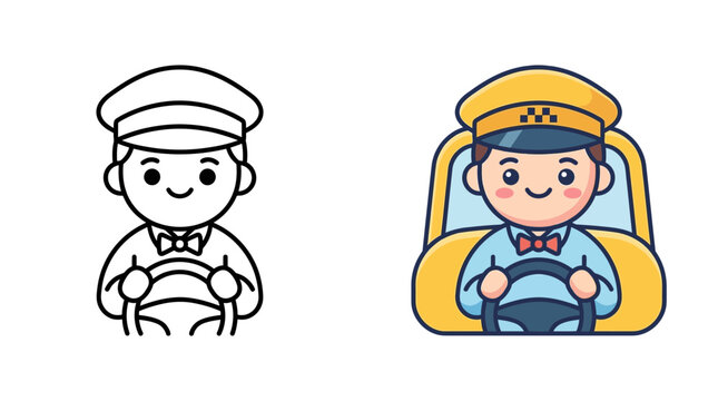 Smiling taxi driver character in uniform holding steering wheel.