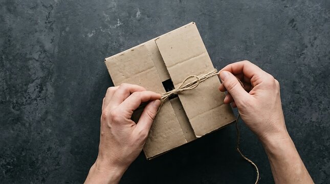 Top-down view of hands carefully tying a natural jute twine bow around a minimalist brown cardboard gift box on a dark textured slate surface, representing eco-friendly packaging craft.