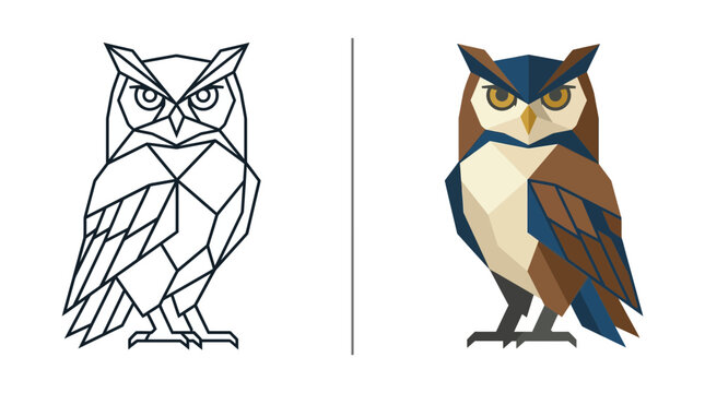 Standing owl geometric vector line and flat art.