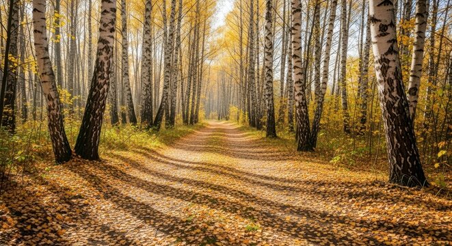 Sunlight filtering through birch trees in autumn forest