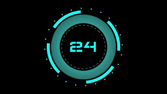 30 Second Countdown Glitch cyan interface rings frame digits 224 within a futuristic clock face, suitable for technology backgrounds, dashboards, presentations, and digital projects.