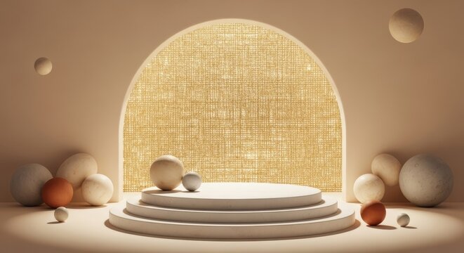 Minimalist beige pedestal for product display with three dimensional, pedestal