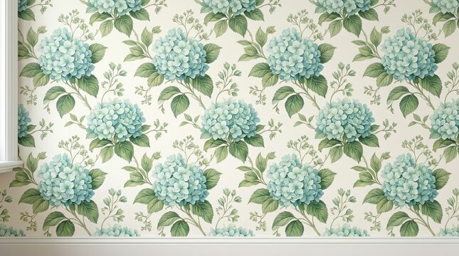 Vintage Hydrangea Floral Wallpaper Pattern - Blue Flowers and Green Leaves