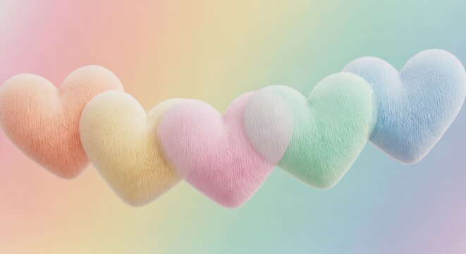 Floating colorful fluffy heart shapes on gradient background with colorful