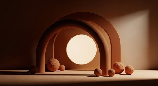 Minimalist 3D geometric arch podium with geometric minimalist terracotta