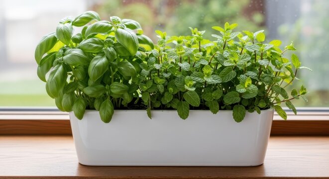 Fresh green basil and mint herbs in white planter