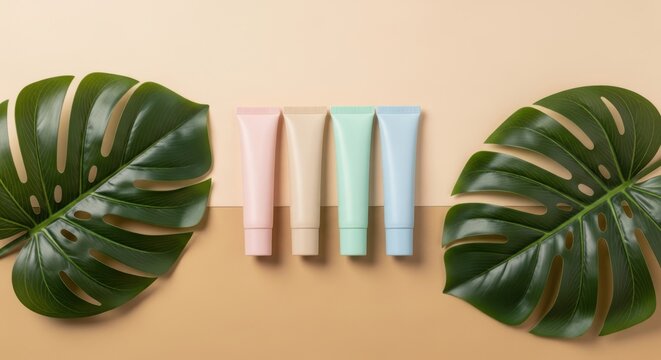 Pastel cosmetic tubes with tropical leaves cosmetic skincare minimalist
