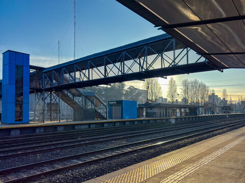 Caseros Station, footbridge and railway platforms at sunrise - Buenos Aires Argentina