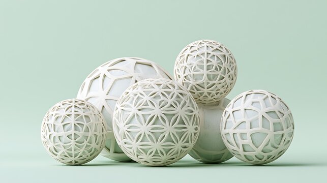 Sculptural ceramic spheres with intricate flower of life patterns. Artistic home decor for modern interior design.
