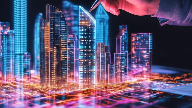 An architect brings architectural designs to life with 3D holographic construction models. The concept of innovation in architecture and futuristic design. Generative Ai.