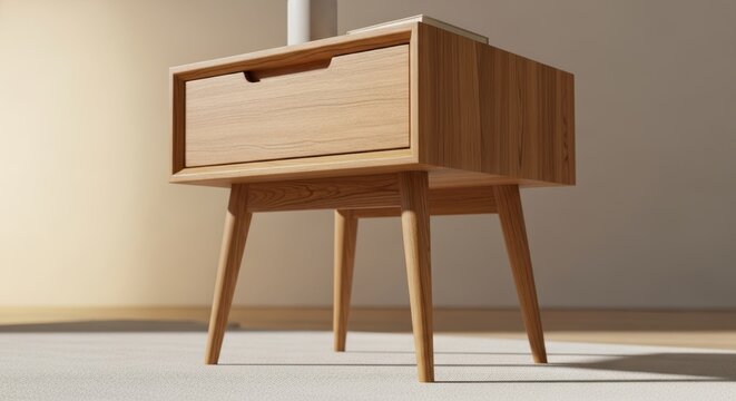 Minimalist wooden bedside table in contemporary bedroom with furniture, interior