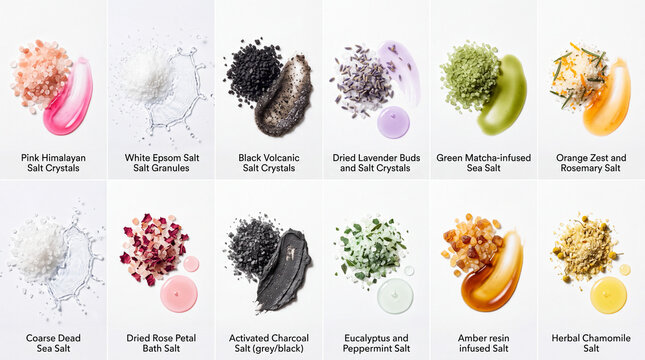 Infographic set of natural bath salts and skincare ingredients with texture smudges including himalayan salt, epsom salt, charcoal, lavender, and matcha.