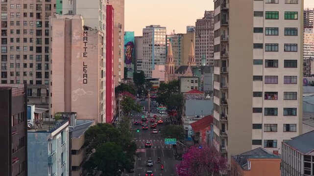 Golden sky at sunset over the cityscape of Curitiba Parana, Parana, Brazil