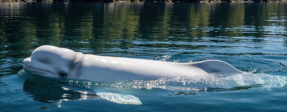 White beluga whale swims near surface in calm deep ocean water. Marine mammal glides through sea during sunny day. Arctic animal moves in dark blue lagoon. Nature wildlife explores coastal harbor