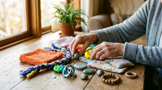 Senior person's hands organizing sensory and fidget objects on a wooden desk near a window with potted plants, managing stress and cognitive focus using tactile therapeutic tools at home.