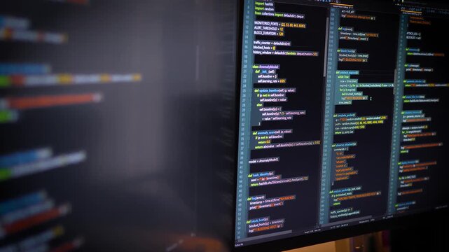 Close up computer monitors displaying fictional programming code and software development interface, technology workspace concept