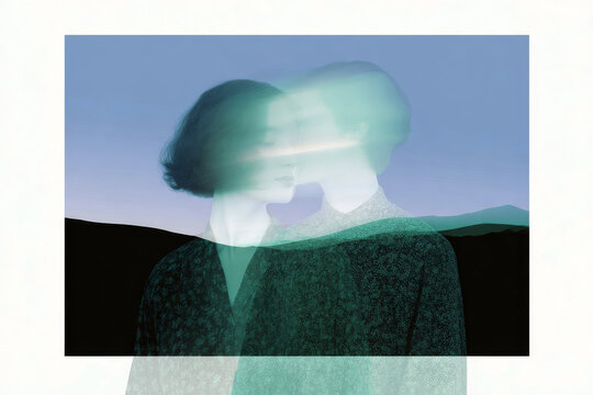 Double exposure blurred portrait in an instant photo frame with cyan green motion effect for background poster and artwork design