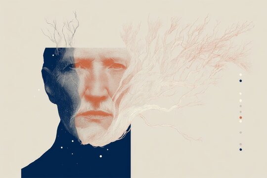 Elderly face merging with tree bark texture in a minimal nature portrait for book cover and editorial background design