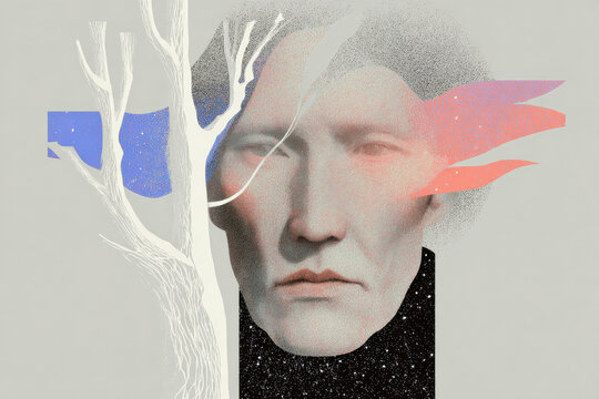 Minimal surreal portrait merging an aged face with tree bark textures and abstract elements for editorial poster or conceptual background