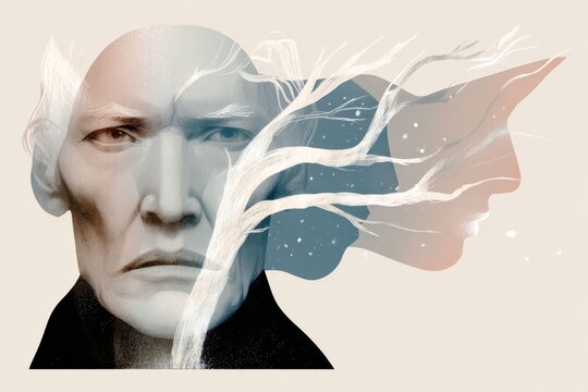 Minimal portrait of an elderly face merged with tree bark textures and flowing branches for editorial background and book cover design