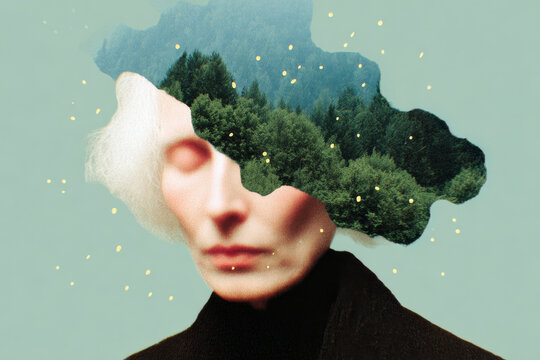 Surreal portrait of an elderly face merged with forest and bark textures for conceptual poster and minimal background design