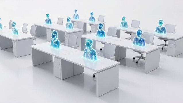 Digital office virtual employee empty office white interior business concept hologram portrait workspace computer desk office