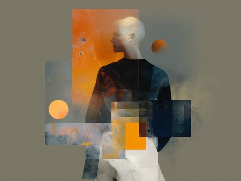 Minimal abstract character collage with male figure, warm orange blocks and muted tones for editorial background and poster