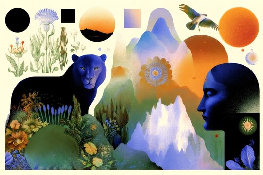 Symbolic nature collage with blue panther profile, mountains, flowers and circular motifs for mystical background and poster design