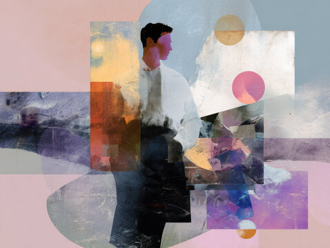 Abstract character collage of a man in profile with geometric shapes and pastel textures for modern poster design