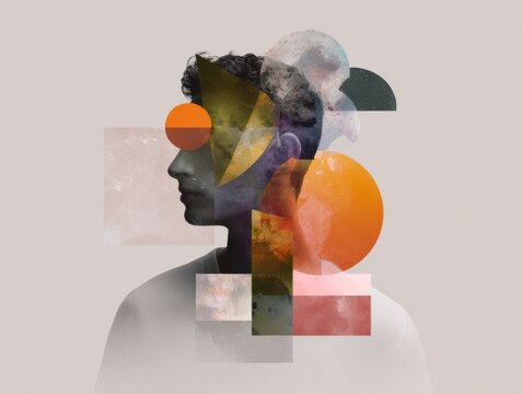 Abstract character collage profile portrait with geometric shapes and layered overlays for conceptual poster design