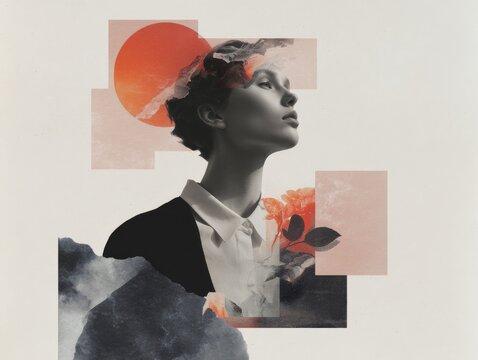 Editorial art collage profile of a woman with geometric shapes and soft textures for magazine layout and fashion poster background design
