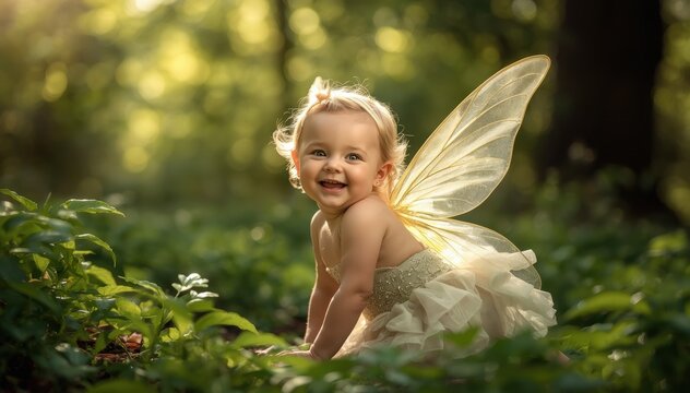 A joyful toddler dressed as a fairy with glowing wings, sitting in a lush, sunlit forest surrounded by green foliage.