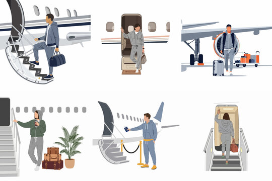 Flat illustration set of people boarding and disembarking private jets, dressed in casual sportswear with luggage, for luxury travel concepts.