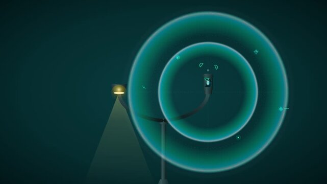 Animated sonar waves and blue frequency signals on dark background
