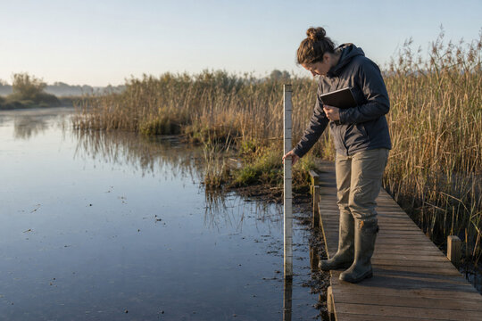 Reading a Water Gauge in a Restored Wetland