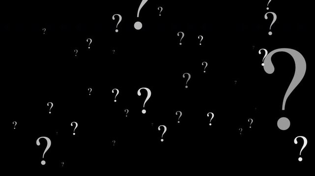 Animation of floating question mark symbols video overlay template on a black background. Suitable for uncertainty, confusion, FAQ, inquiry, quiz, education, mystery, and problem-solving concepts