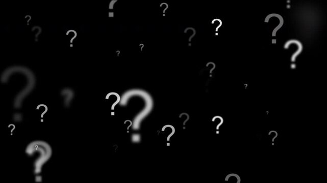 Animation of floating question mark symbols video overlay template on a black background. Suitable for uncertainty, confusion, FAQ, inquiry, quiz, education, mystery, and problem-solving concepts