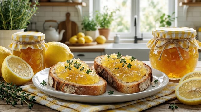 Rustic bread slices topped with homemade lemon marmalade and thyme sprigs. Jars of preserve and fresh lemons rest on a wooden table with a kitchen background and window light.