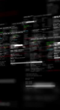Vertical video abstract animation featuring fictional programming code and AI system interface elements. For artificial intelligence, cybersecurity, software, data processing, and technology concepts