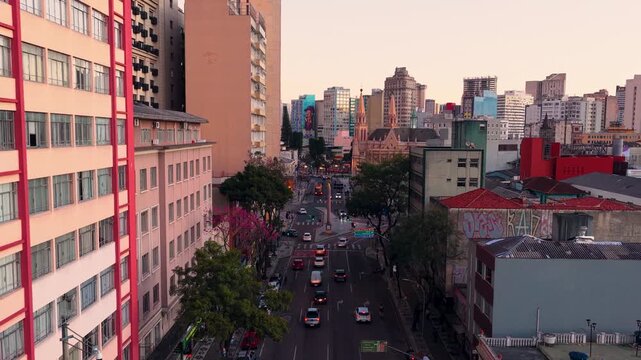 Golden twilight over the urban skyline of Curitiba Parana, Parana, Brazil